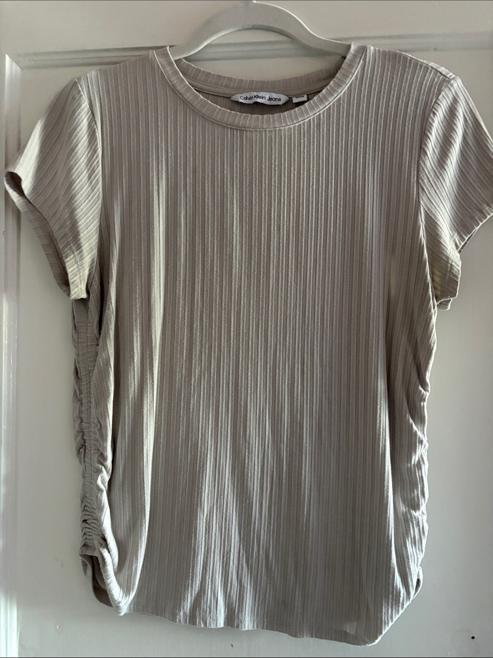 Calvin Klein Jeans Ribbed Short Sleeve Tee in Light Beige